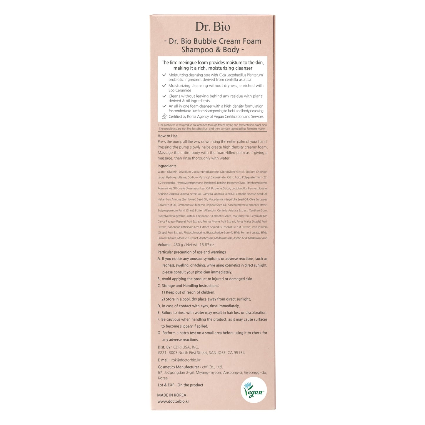 Dr.Bio Bubble Cream Foam Shampoo  Body 450g