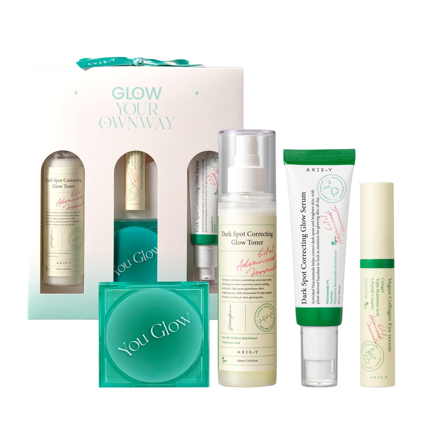 Glow Your Ownway Set (Dark Spot Correcting Glow Toner + Vegan Collagen Eye Serum + Dark Spot Correcting Glow Serum + You Glow Co